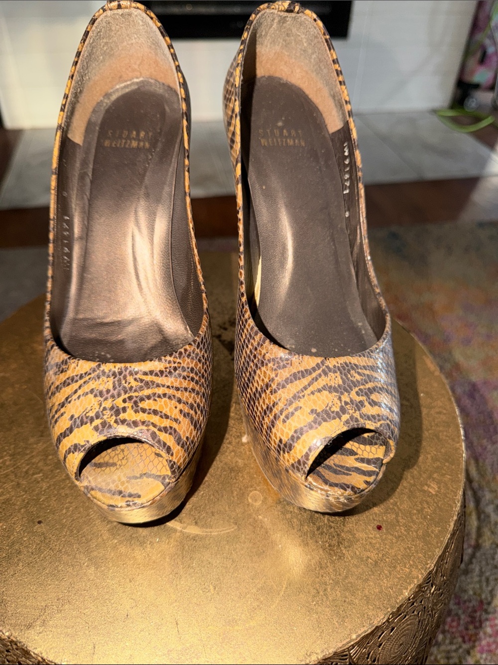 Stuart Weitzman Peep-Toe Platform Pumps in Brown and Black Animal Print size 9